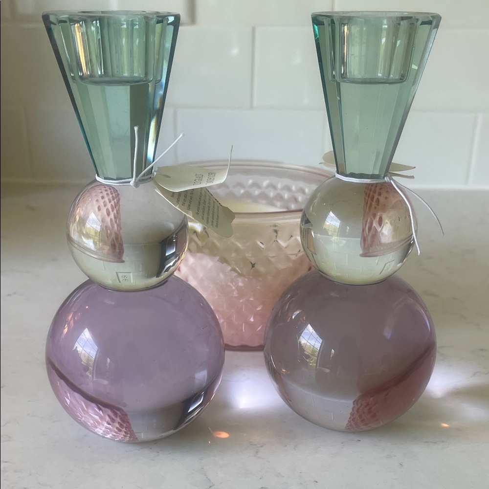 Anthropologie Two-Tone Glass Candlesticks in Lavender and Seafoam